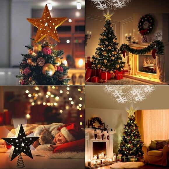 POW LED Snowflake Projector Star Christmas Tree Topper, 11.3'' Golden Glittered - Picture 4 of 5